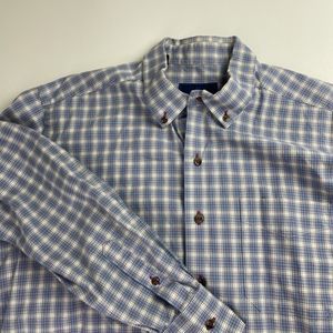 DAVID DONAHUE Men's White Blue Purple Plaid Shirt Size XL Long Sleeve